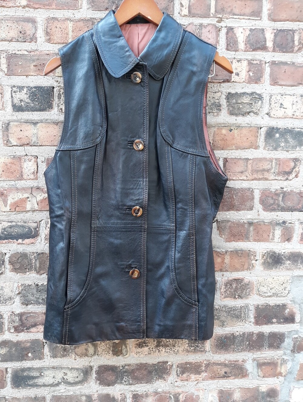 Unbranded Vintage Black Leather Vest Jacket Collared Button Front Sz 44 Flawed